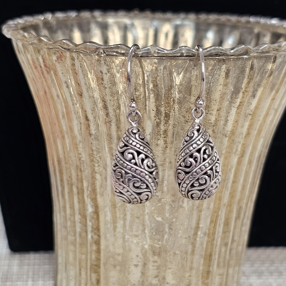 ATI Teardrop 925 Silver Filigree Drop Earrings Bali - Picture 8 of 16